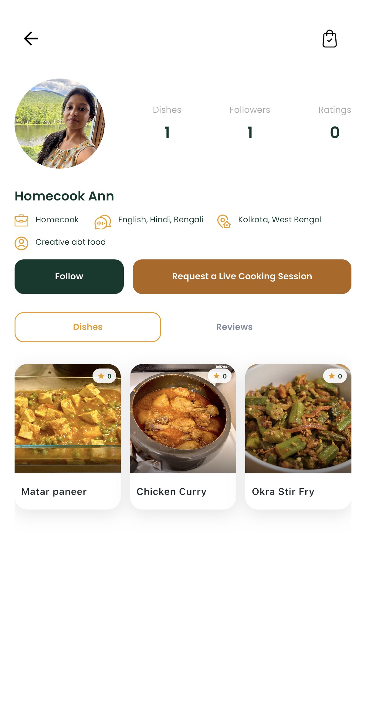 A home cook's profile in the Indievore app, with dishes and a request button