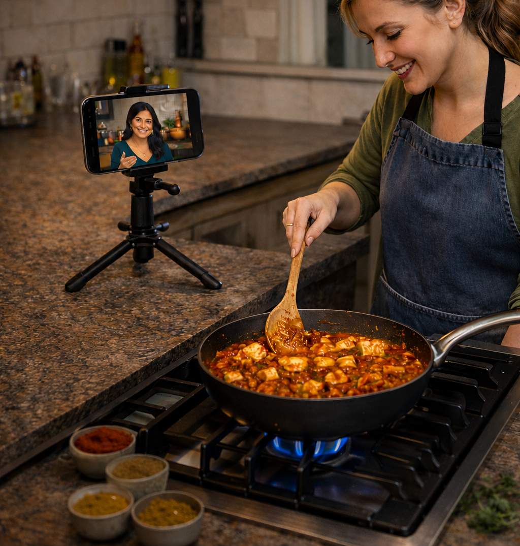 A cook at home following an Indian home cook on a phone propped on a tripod while cooking on the stove